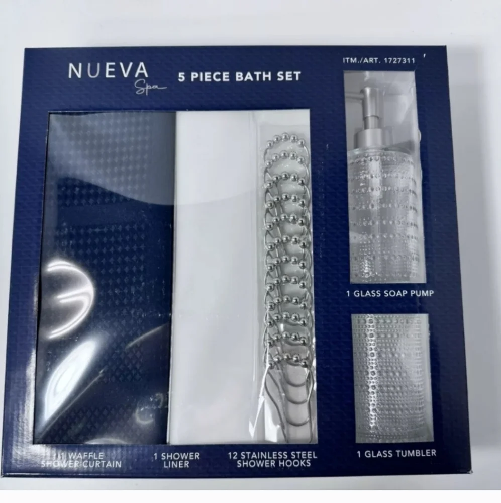 Nueva Spa 5 Piece Bath Set Meriden Navy. Hooks, Liner, Soap Pump, Tumble…